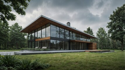 Obraz premium Modern Two-Story House Blueprint with Triangular Roof and Glass Exterior, Surrounded by Trees under Overcast Sky
