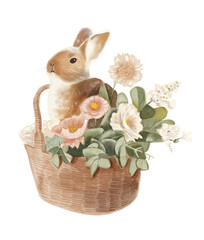 Cute hand drawn rabbit with delicate floral bouquets in a basket, easter theme, watercolor style isolated  