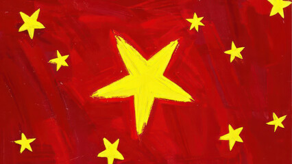 Painting of Yellow Stars on Red Background Celestial Starry Night. Horizontal Image Banner in a 16:9 Ratio