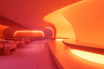 Futuristic minimalist restaurant with soft ambient lighting and text space below