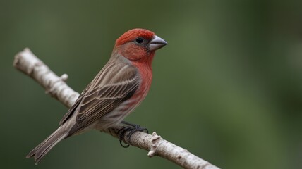 Fototapeta premium Small bird with a red head and brown body, perched on a branch, with a blurred green backdrop
