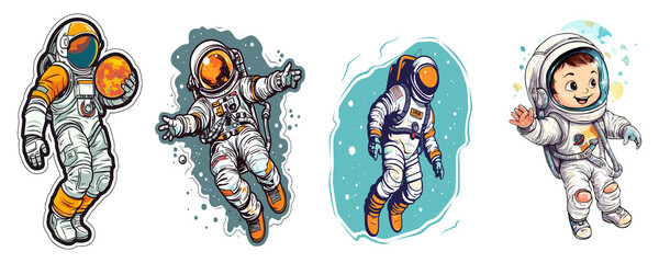 Flat Style Astronaut Stickers – Space Journey Icons. isolated on transparent background