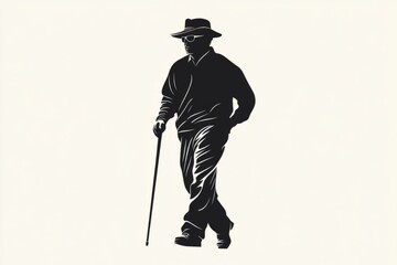 Fototapeta premium Silhouette of an elderly man using a cane, walking forward
