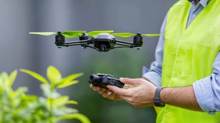 Man in Green Vest Operating a Black Drone Outdoors