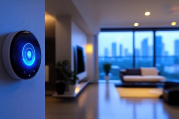 Futuristic smart home with high contrast lighting and copy space on left