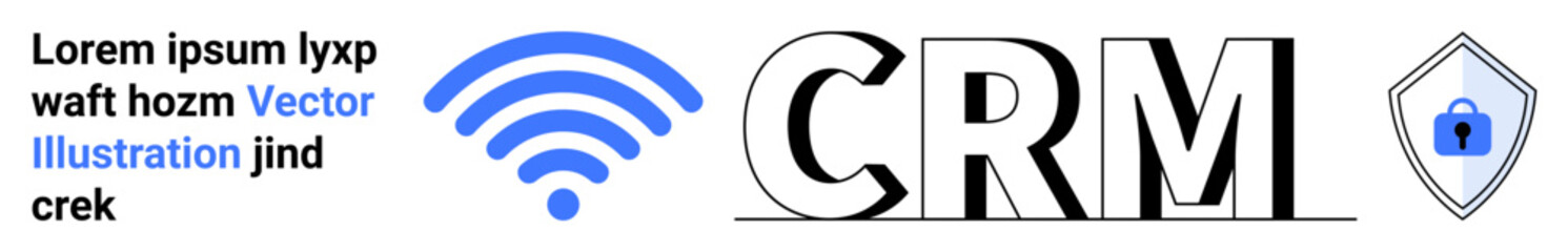 wireless signal, CRM text, and shield with lock highlighting wireless connectivity, customer management, data protection. Ideal for technology, marketing, security, collaboration communication