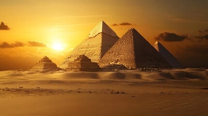Majestic Egyptian pyramids under a golden sunset over the desert