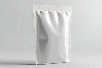 Glossy White Pouch Packaging Mockup Perfect for Snacks or Liquids Against a Plain Background, Displaying Modern Design and Clean Aesthetics