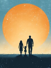 Obraz premium Silhouette of Father and Daughters Walking Against a Huge Orange Moon