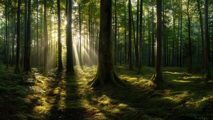 Obraz premium Sunlight filtering through a dense forest. Sunlight beams pierce the canopy, casting shadows on the mossy forest floor. Tall trees stand in neat rows