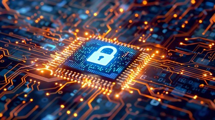 Digital fortress: a glowing microchip safeguards data with a bright, secure lock symbol in vibrant circuitry.