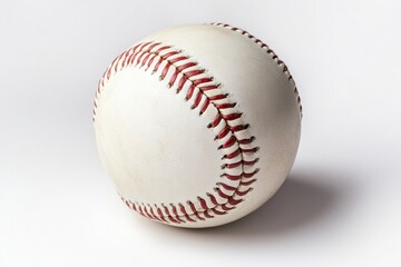 Baseball.  A well-worn, classic baseball, with distinct red stitching, sits on a plain white background