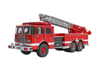 3D Fire Truck with Extended Ladder Isolated on White Transparent Background