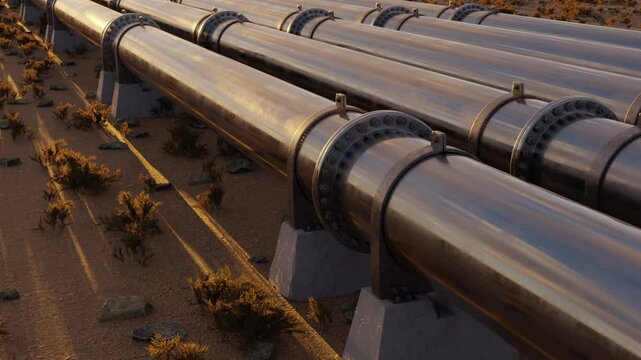 Animation of large industrial pipelines transporting oil or gas across a dry desert landscape.