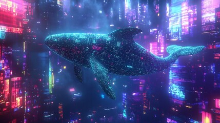 Futuristic Whale in Neon Cityscape: Digital Art with Sci-Fi Elements