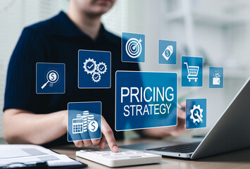 Pricing Strategy Planning Concept. Businesswoman working with laptop and calculator surrounded by icons representing pricing strategy, value, cost, business planning, discounts, sales optimization,