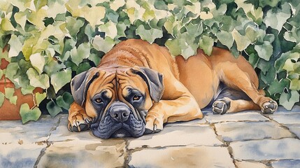 Watercolor Painting of a Bullmastiff Dog Resting near Green Ivy