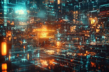 Futuristic Digital Cityscape Illuminated With Bright Glowing Light