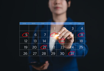 Calendar agenda appointment meeting schedule concept. Businesswoman use digital calendar to organize schedules. important dates, planning organizer, time management, event time for effective work,