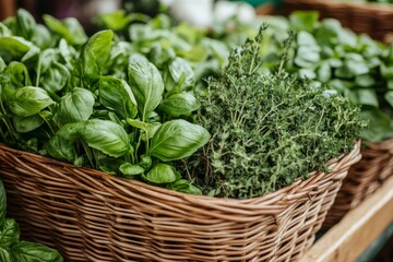 Naklejka premium Fresh fragrant herbs displayed in wicker basket at local farmers market