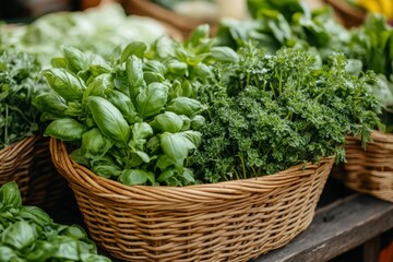 Naklejka premium Wicker basket overflowing with fresh parsley and basil at a local farmers market, celebrating seasonal ingredients