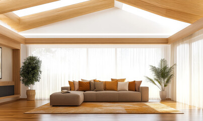 Fototapeta premium Modern living room design with natural light and soft furnishings in warm tones