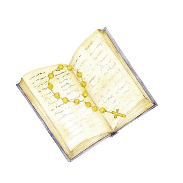 Watercolor illustration with open Bible and rosary. For first communion, baptism greeting cards, invitation, wedding card, save the date and celebration, anniversary and birthday, party