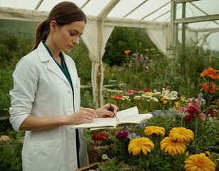 Obraz premium A young Caucasian female scientist examines her notes in a vibrant greenhouse filled with blooming flowers.