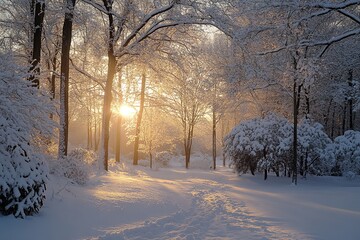 A vision of calm wonder is created at dawn when the first light of the day illuminates snow-covered trees in a winter wonderland. Generative Ai