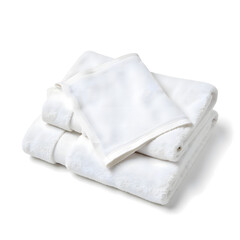 Soft white towels folded on plain white background