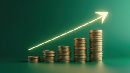 Growing stack of coins with upward arrow symbolizes financial success and investment growth