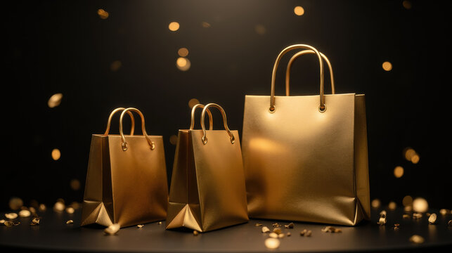 Golden shopping bags shine against dark background, creating festive atmosphere. Perfect for luxury retail or celebration themes
