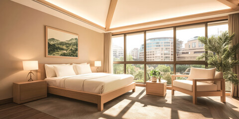 Modern bedroom with large windows showcasing urban landscape and natural light