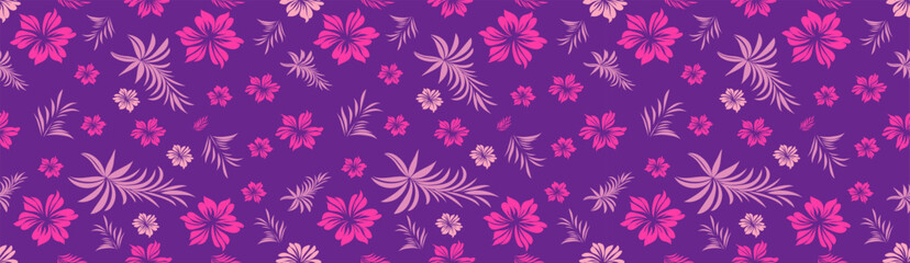 Floral seamless pattern featuring pink hibiscus flowers and tropical palm leaves on a purple background. Bold flat style, top view. Bright summer design © Нина Романенко