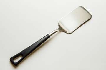 A silver spatula with a black plastic handle resting on white