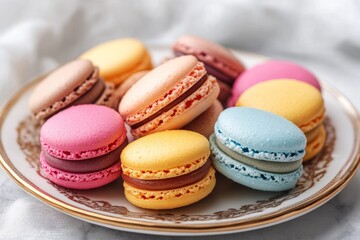 Obraz premium Assortment of colorful macarons arranged on a small plate, creating a vibrant and tempting display
