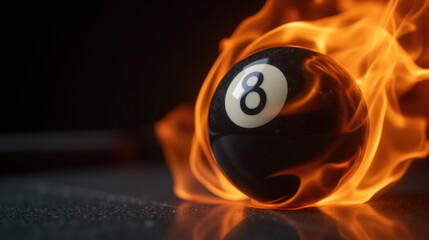 flaming eight ball rolling on surface, creating dynamic and intense scene