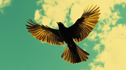 Naklejka premium Majestic Flight: A Raven Soaring Through a Cloudy Sky