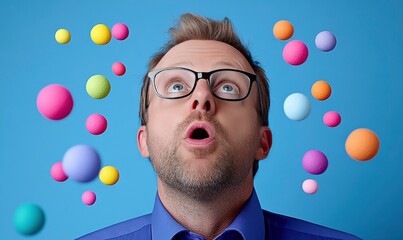 Man with glasses looking up in amazement at colorful floating spheres against a bright blue background, playful and captivating expression evoking wonder
