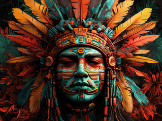 Obraz premium a vibrant, stylized portrayal of a person adorned with a traditional headdress made of colorful feathers. The headdress is adorned with intricate patterns and beads, surrounded by various fruits 
