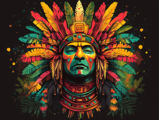 a vibrant, stylized portrayal of a person adorned with a traditional headdress made of colorful feathers. The headdress is adorned with intricate patterns and beads, surrounded by various fruits 