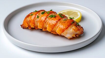 Deliciously Baked Lobster Tail Garnished with Fresh Herbs and Lemon Slice on White Plate Ready for Gourmet Dining Experience