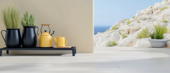 Stylish outdoor corner with plants and tea set overlooking a serene coastal view