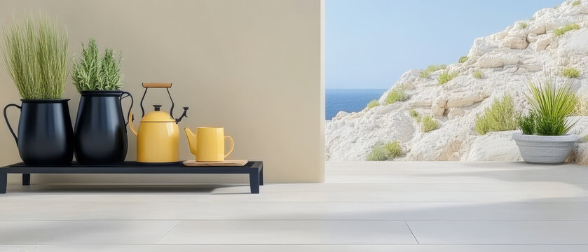 Stylish outdoor corner with plants and tea set overlooking a serene coastal view