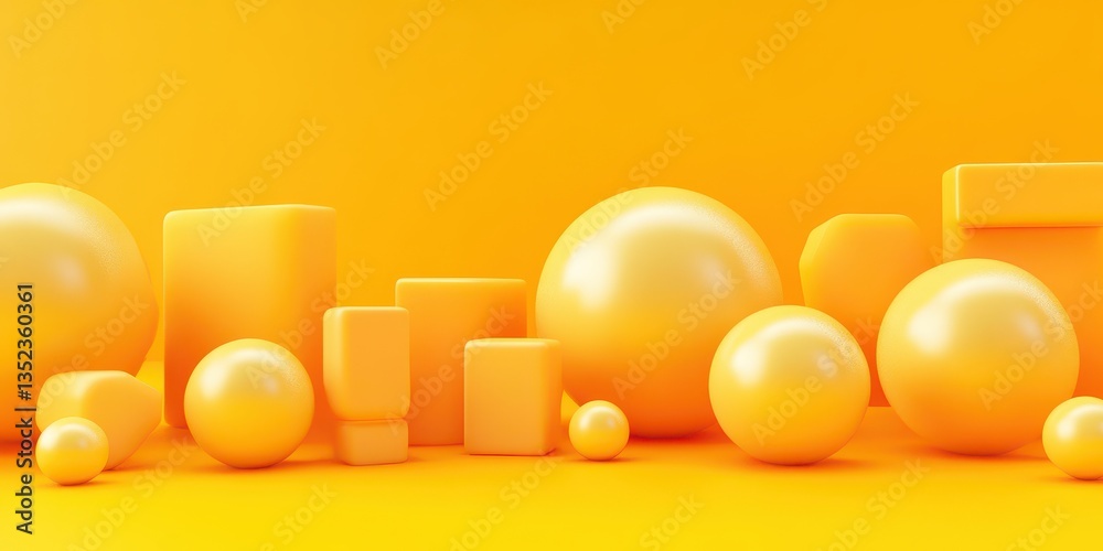 Poster various yellow three dimensional shapes and objects are displayed