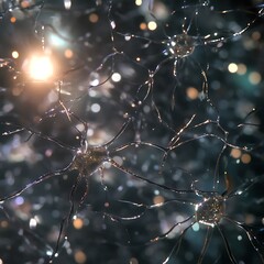 Bright illuminated neurons creating abstract patterns in darkness