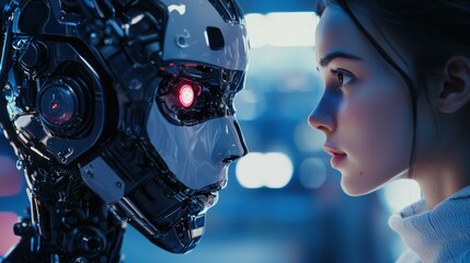 Fototapeta premium a young woman and a robot looking at each other. 