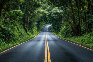 Road winding through lush jungle, sunlight filtering through dense canopy, vibrant green foliage lining the path, creating a serene and captivating scene.