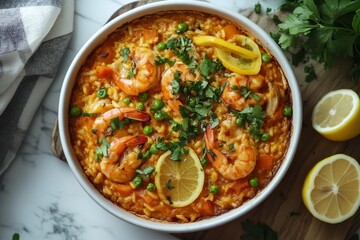 Fototapeta premium Traditional spanish paella made with rice, shrimps, peas, and lemon, garnished with fresh parsley