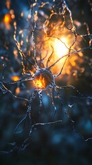 Glowing neuron cells in intricate network design with soft bokeh